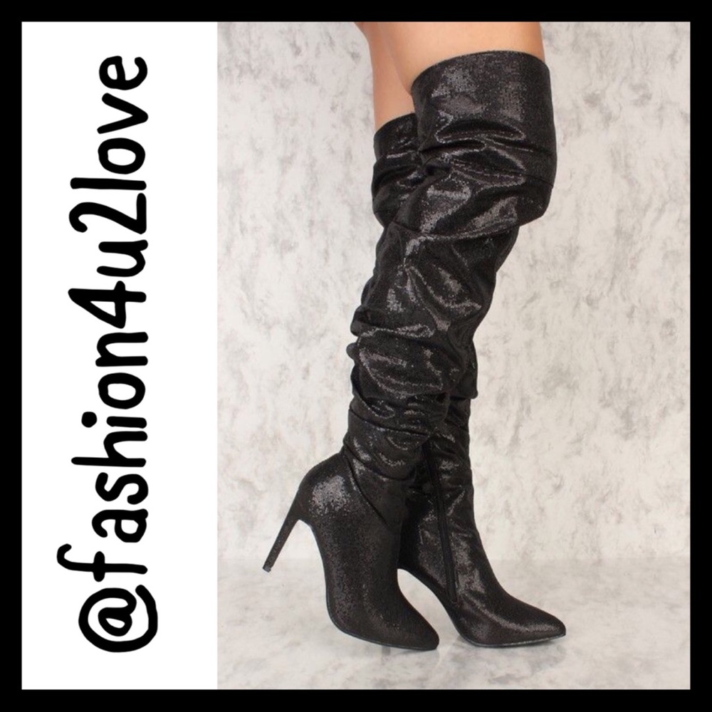 Black Shimmering Pointy Toe Thigh High Boots